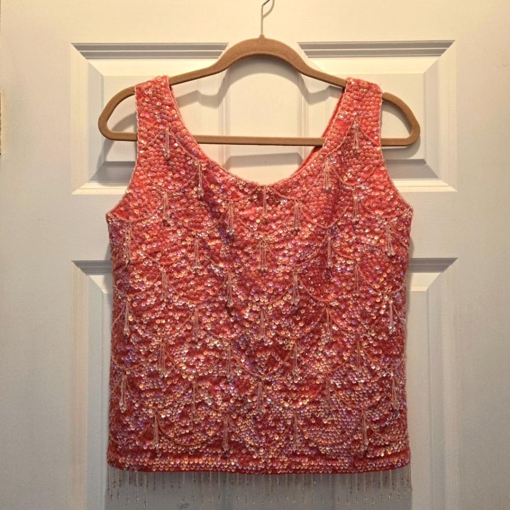 Embellished Sequin Coral Tank Top